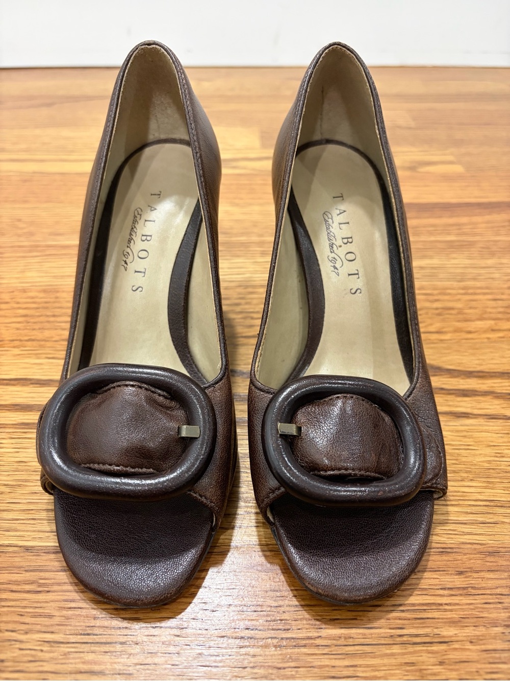 Talbots Vintage Brown Classic Open
Toe Big Buckle 3" Pumps (5)